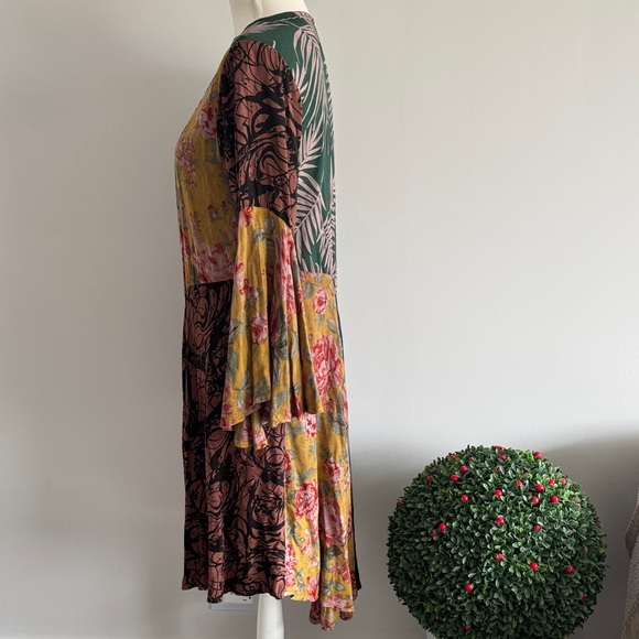 Patchwork Floral Kimono in Teal, Yellow, Pink & Brown with Flowy Bell Sleeves - Picture 5 of 6